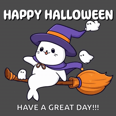 Seal In Witch Hat Flying On Broom With Ghosts GIF