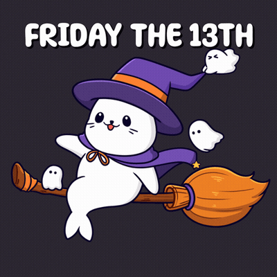 Seal In Witch Hat Flying On Broom With Ghosts GIF