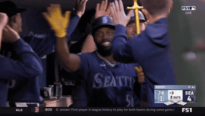 Seattle Baseball Players High Five In Dugout GIF