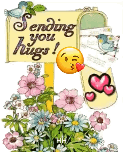Sending You Hugs Sign Next To Flowers GIF