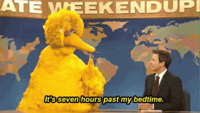 Sesame Street Big Bird Is Talking To A Man On A Newscast And Says It 'S Seven Hours Past My Bedtime GIF