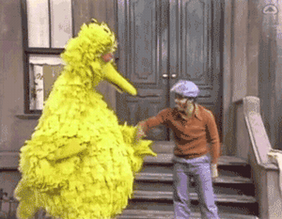 Sesame Street Big Bird Standing Next To A Boy On The Steps GIF