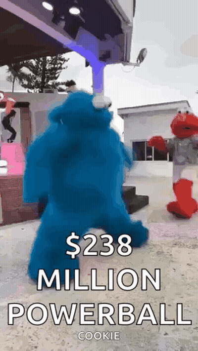 Sesame Street Characters Dancing In Front Of A Sign That Says $ 238 Million Powerball GIF