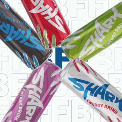 Several Cans Of Shark Energy Drink Are Laying On Top Of Each Other GIF