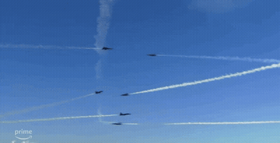 Several Planes Are Flying In A Blue Sky With The Word Prime On The Bottom GIF