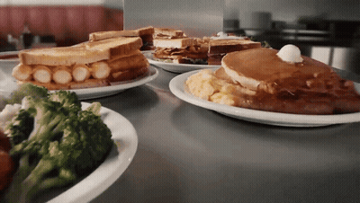 Several Plates Of Broccoli Pancakes And Sandwiches GIF
