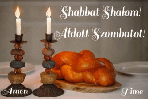 Shabbat Shalom Written On A Card With Two Candles And A Loaf Of Bread GIF