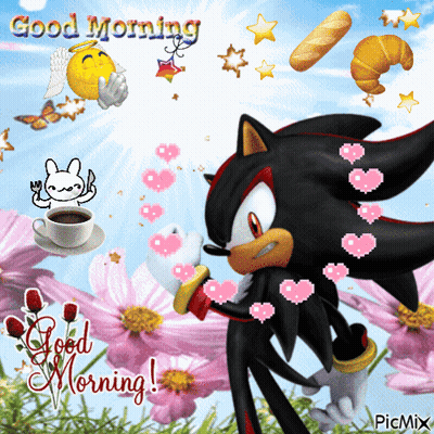 Shadow The Hedgehog Surrounded By Hearts Saying Good Morning GIF