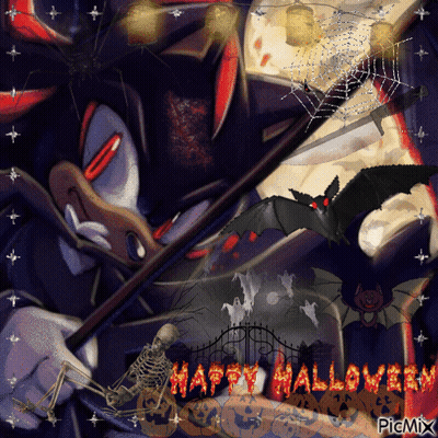 Shadow The Hedgehog With Bat Saying Happy Halloween GIF
