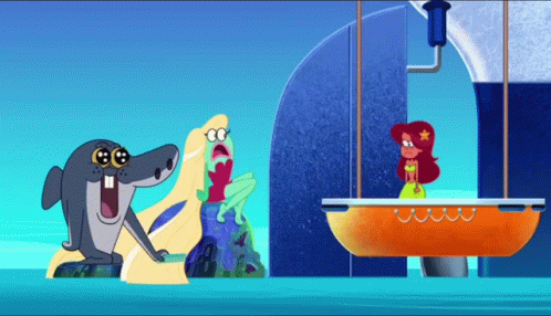 Shark And Two Mermaids Beside Boat GIF