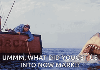 Shark Attacking Man On Boat Saying Ummm What Did You Get Us Into Now Mark GIF