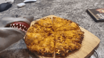 Shark Looking At Pizza Next To Book Titled Sharks GIF