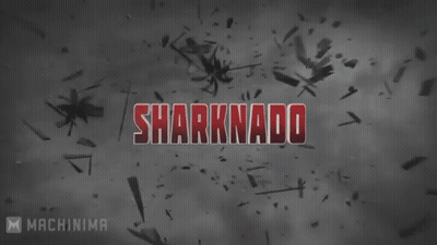 Sharknado Is Written In Red Letters On A Gray Background GIF