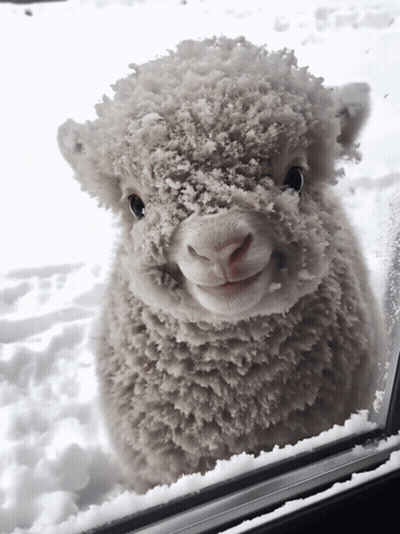 Sheep Covered In Snow Looking Out Car Window GIF