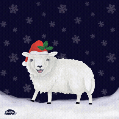 Sheep In Santa Hat With Snowflakes GIF