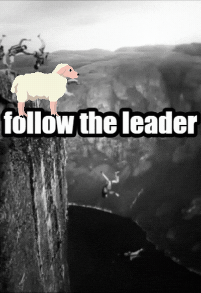 Sheep On Cliff Saying Follow The Leader GIF