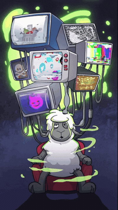 Sheep Surrounded By Televisions With Skull GIF