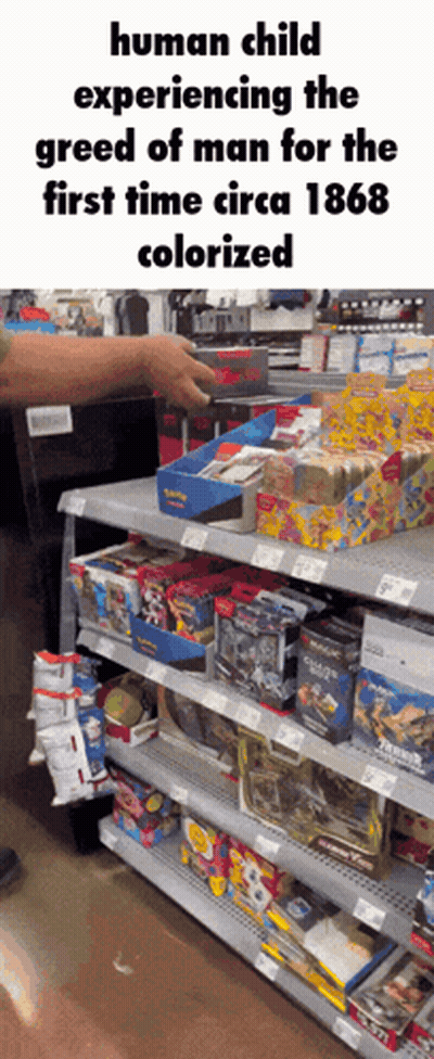 Shelf Full Of Toys Human Child Experiencing The Greed Of Man For The First Time Circa 1868 GIF