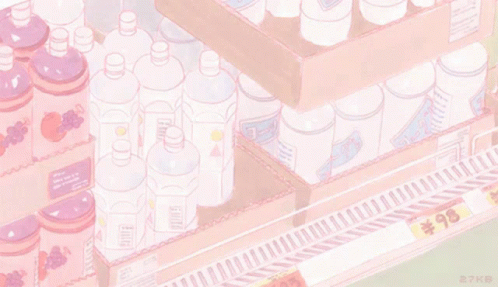 Shelf Of Pink And White Bottles With 100 Sign GIF