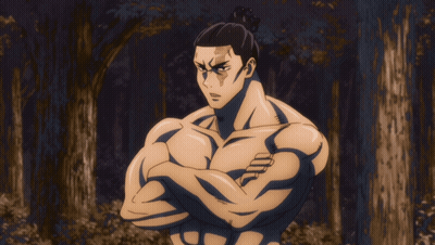 Shirtless Anime Character With Crossed Arms And Bun GIF