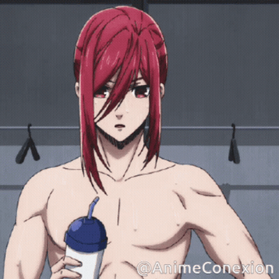 Shirtless Anime Character With Red Hair Holding Bottle GIF