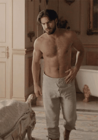 Shirtless Bearded Man Hands On Hips In Bathroom GIF