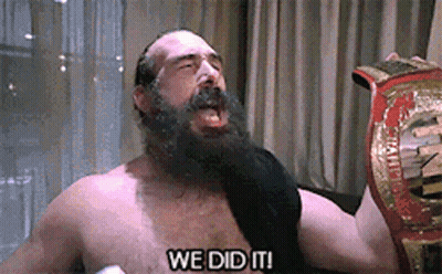 Shirtless Bearded Man Holding Wrestling Belt Saying We Did It GIF