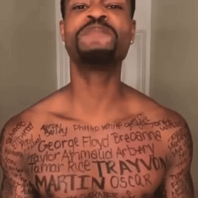 Shirtless Bearded Man With Chest Tattoos Smiling GIF