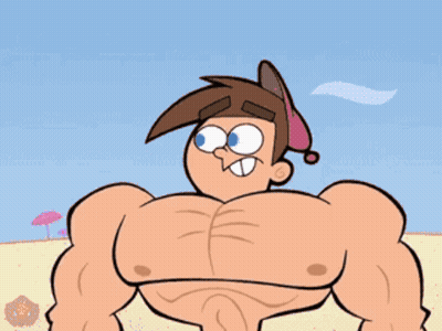 Shirtless Cartoon Flexing Muscles Pink Background GIF