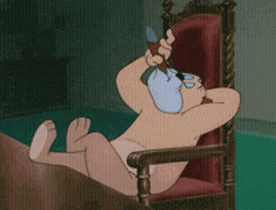 Shirtless Cartoon Sitting In Chair Holding Pen GIF