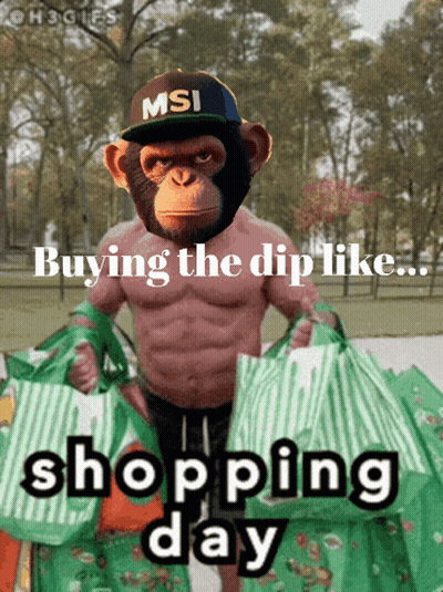 Shirtless Chimpanzee In MSI Hat Holding Shopping Bags GIF