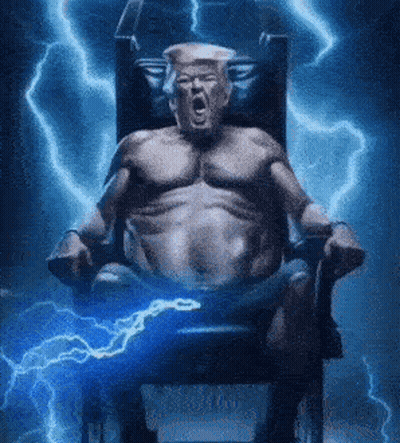Shirtless Donald Trump Sitting In Chair With Lightning Behind GIF