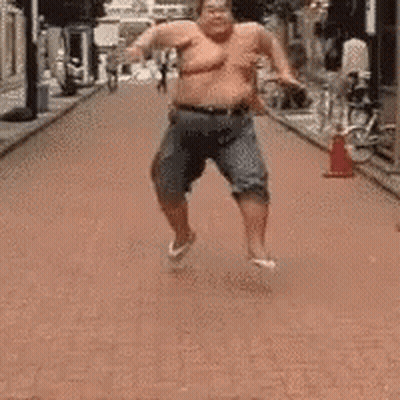 Shirtless Fat Man Running Down Street GIF
