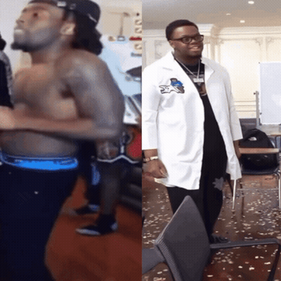 Shirtless Man And Man In Lab Coat GIF