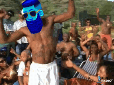 Shirtless Man Blue Beard Sunglasses Dancing Crowd Sponsored Rug Radio GIF