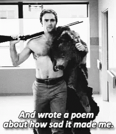 Shirtless Man Carrying Bear And Gun Wrote Sad Poem GIF
