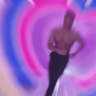 Shirtless Man Dancing Against Pink And Blue Heart-Shaped Background GIF