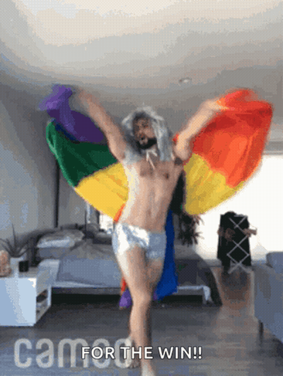 Shirtless Man Dancing In Front Of Rainbow Flag Saying Cam For The Win GIF