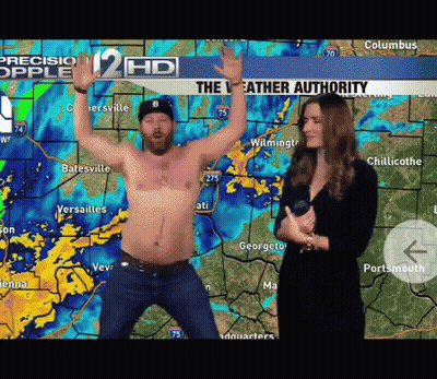 Shirtless Man Dancing In Front Of Weather Report GIF