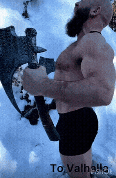 Shirtless Man Holding Axe In Snow GIF