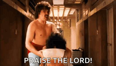 Shirtless Man Holding Bowl Saying Praise The Lord GIF