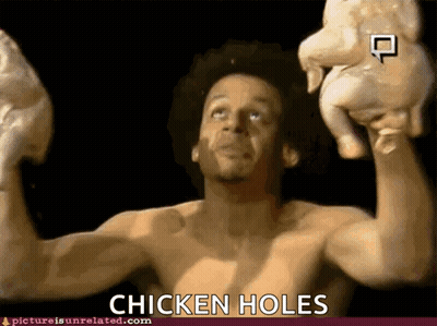 Shirtless Man Holding Chicken Saying Chicken Holes GIF