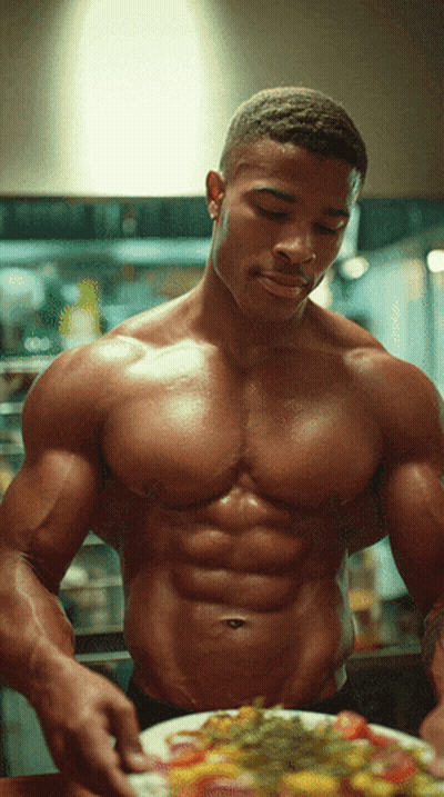 Shirtless Man Holding Plate Of Food GIF