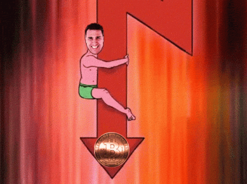 Shirtless Man Holding Red Arrow With Bitcoin Coin GIF