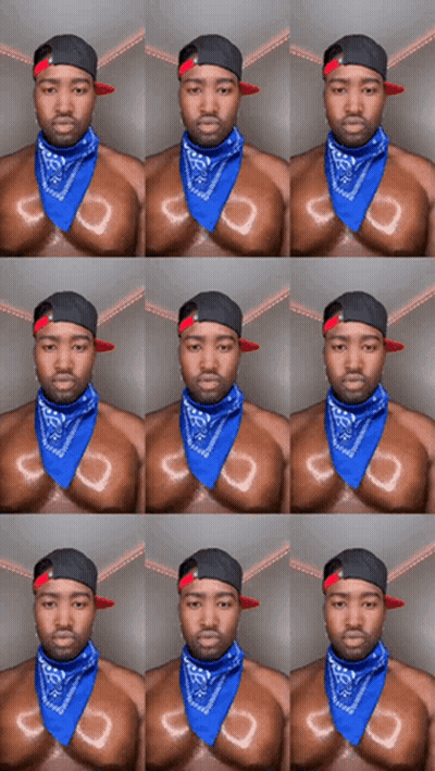 Shirtless Man In Blue Bandana And Baseball Cap GIF