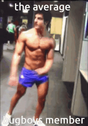 Shirtless Man In Blue Shorts With Bugboys Text GIF