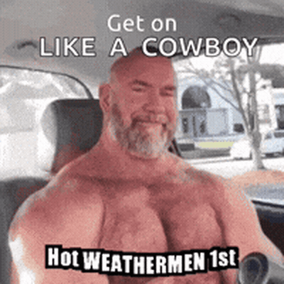 Shirtless Man In Car With Cowboy Text GIF
