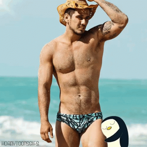 Shirtless Man In Cowboy Hat And Swim Trunks GIF
