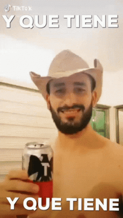 Shirtless Man In Cowboy Hat Holding Beer GIF