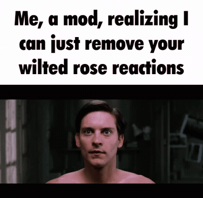 Shirtless Man In Front Of Sign Saying Me A Mod Realizing I Can Just Remove Your Wilted Rose GIF